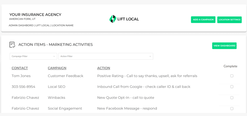 Lift Local Marketing Engagement Action Items Dashboard